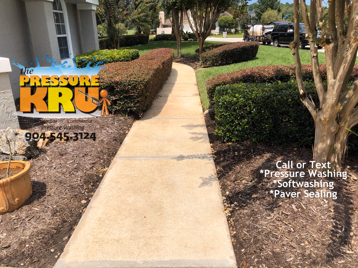 Concrete sidewalk pressure washing in St Johns FL after cleaning. This sidewalk had poor drainage and home owner attempted to clean with high pressure only and no chemical.