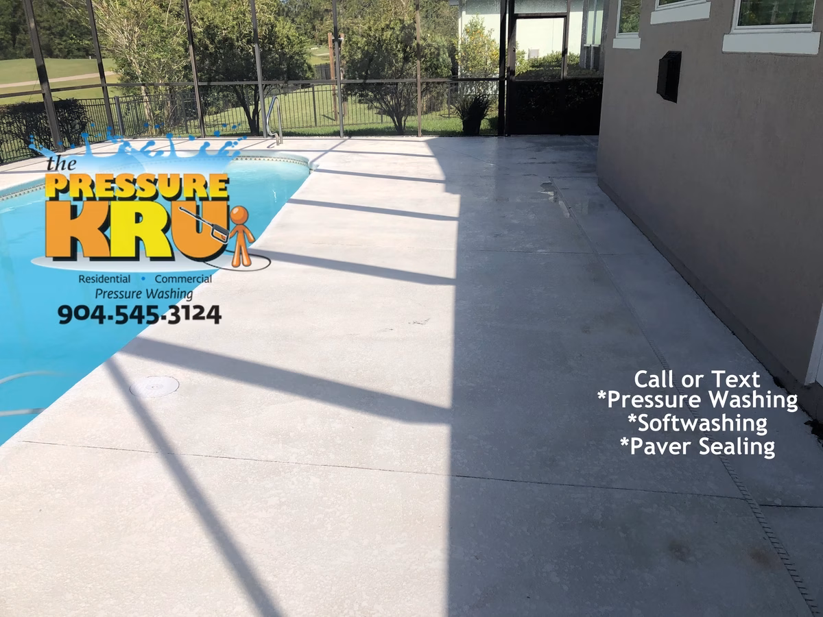 Expert pressure washing and soft washing painted pool deck in Sawgrass after