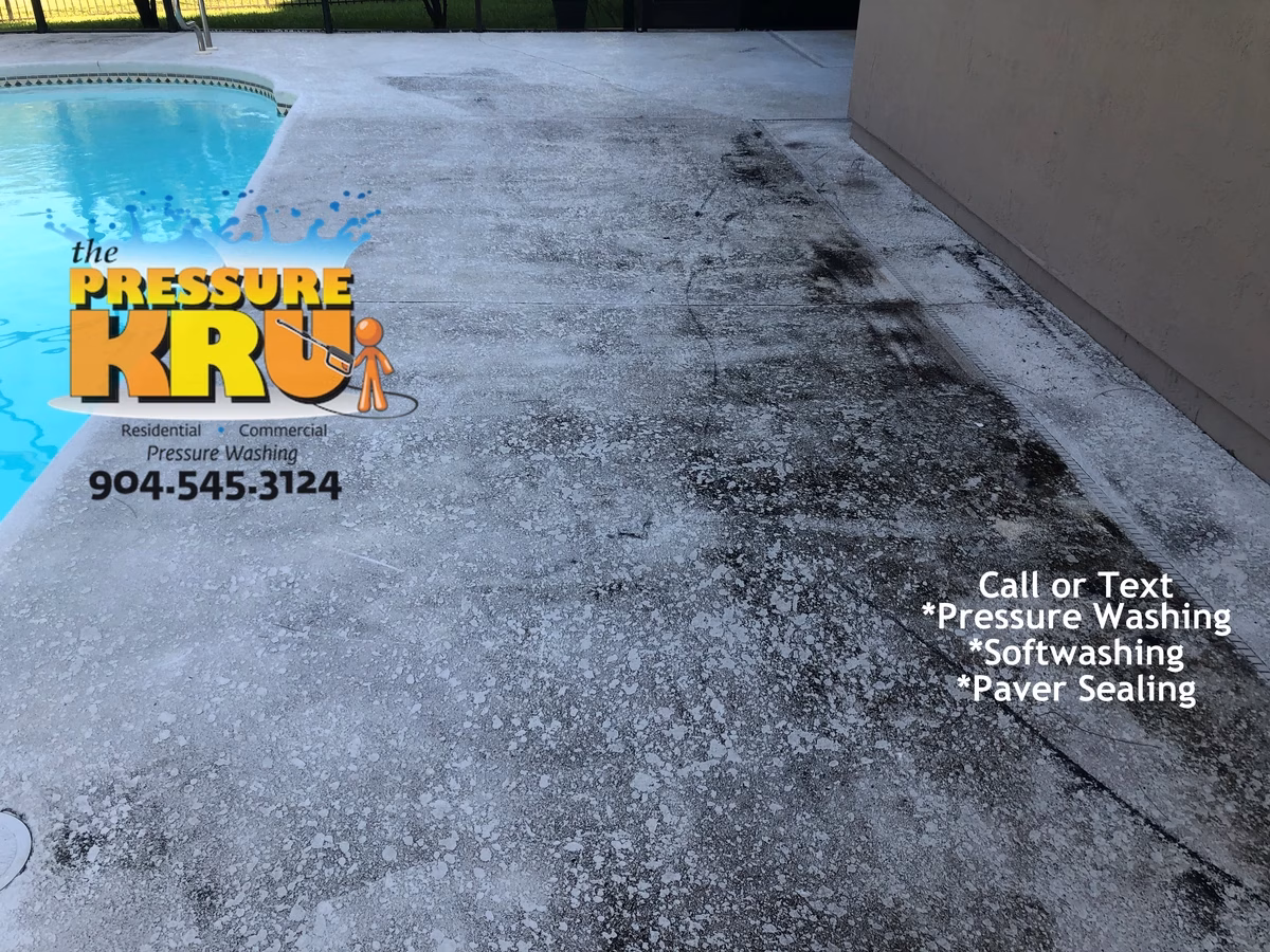 Expert pressure washing and soft washing painted pool deck in Sawgrass before
