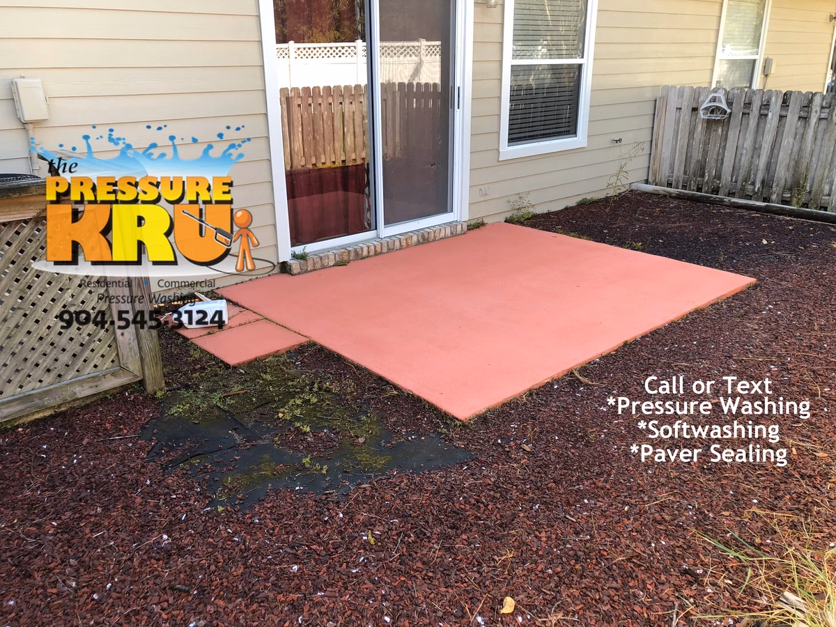 Pressure washing and soft washing a rear painted patio slab in South Bridge town home development after