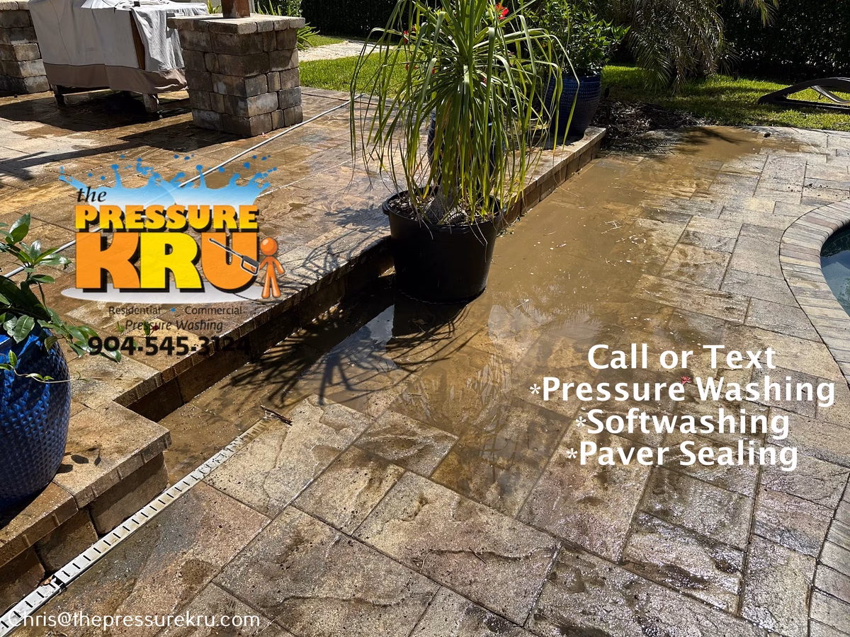 Pool deck paver cleaning before service in northern St. Augustine, FL.