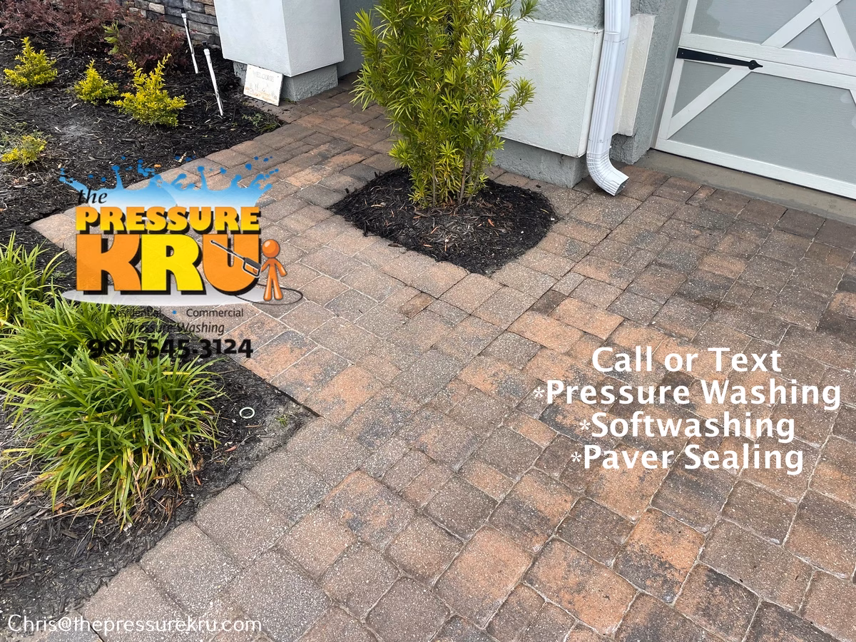 Cleaned restored paver driveway after professional pressure washing in Shearwater.