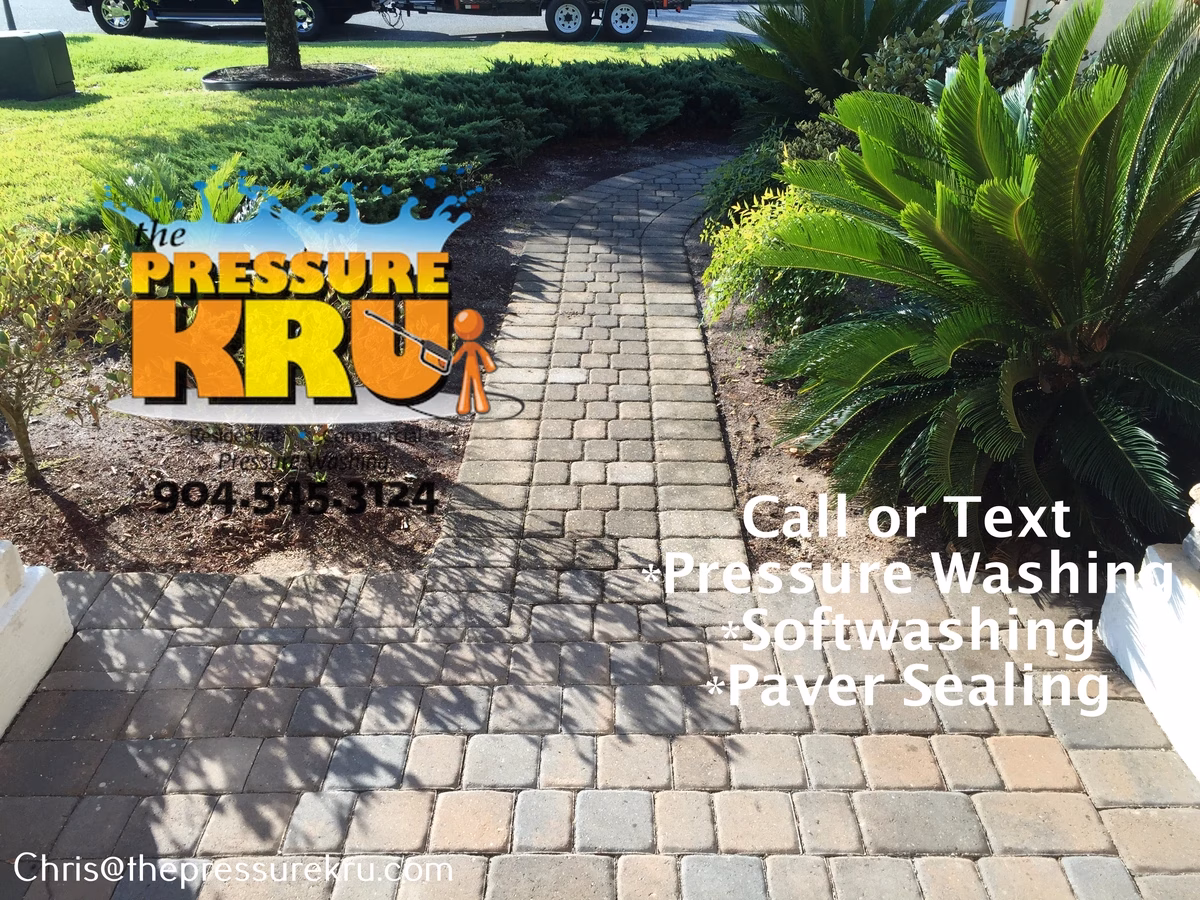 Low pressure soft washing and pressure washing paver driveway before in South Hampton.