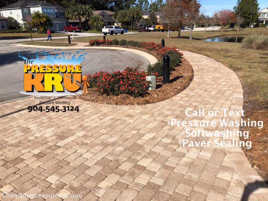 Surface cleaner used on paver driveway after pressure washing in Murabella.