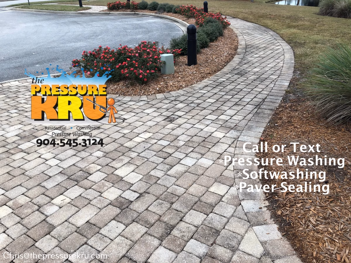 Surface cleaner used on paver driveway during pressure washing in Murabella.