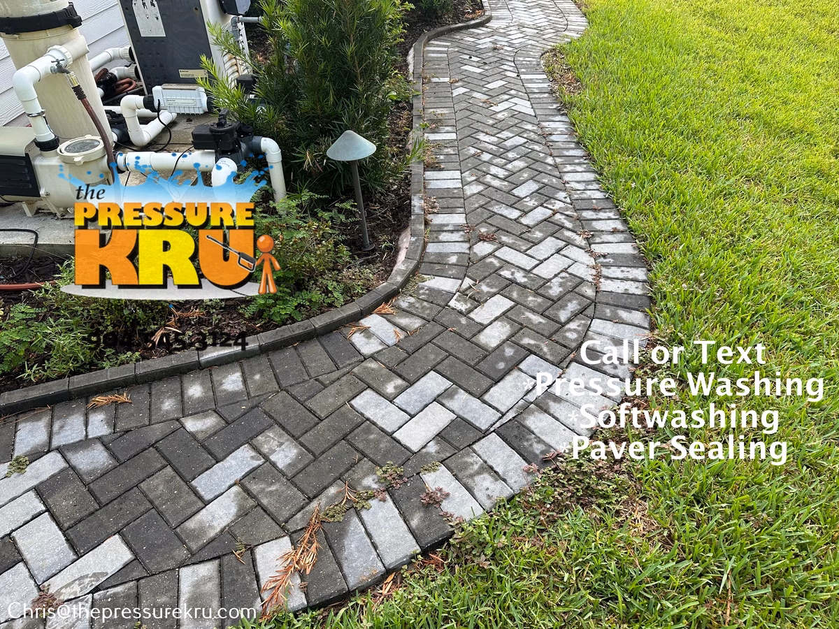 Professional paver driveway restoration before pressure washing in Greenbriar Plantation.