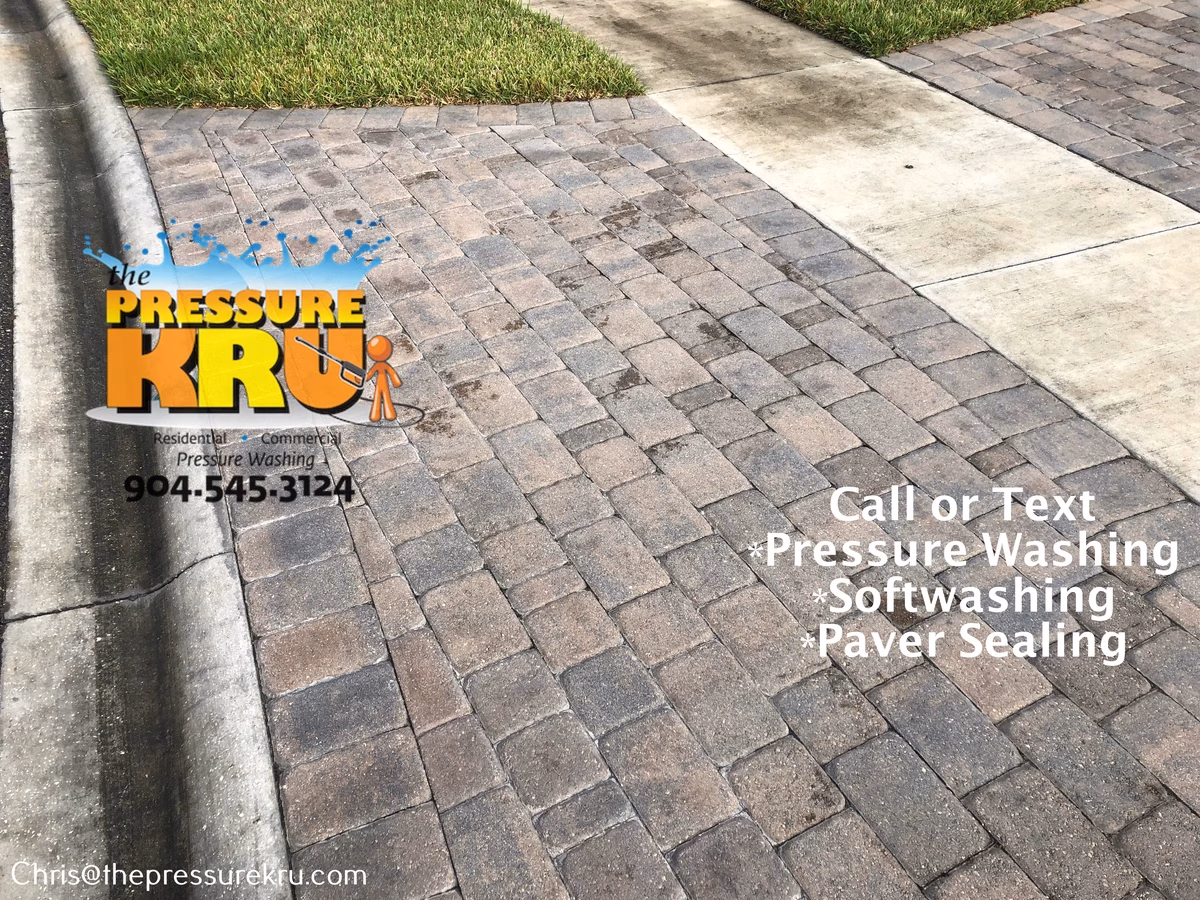 Paver driveway moss removal before soft washing in Celestina.