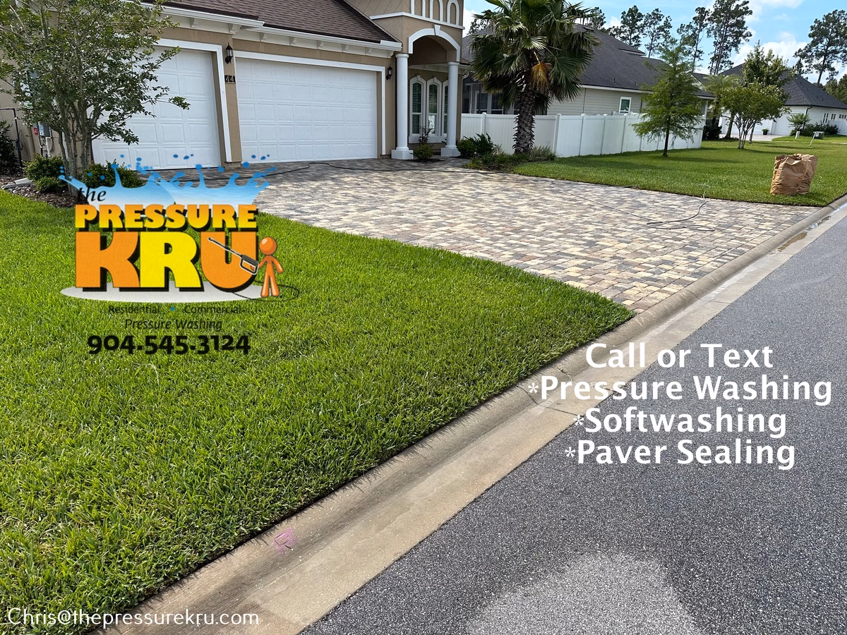 Heavily stained paver driveway after cleaning in Cimarrone.