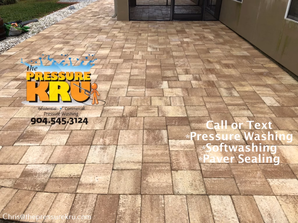 Pressure washing back yard paver patio in Cimarrone after.
