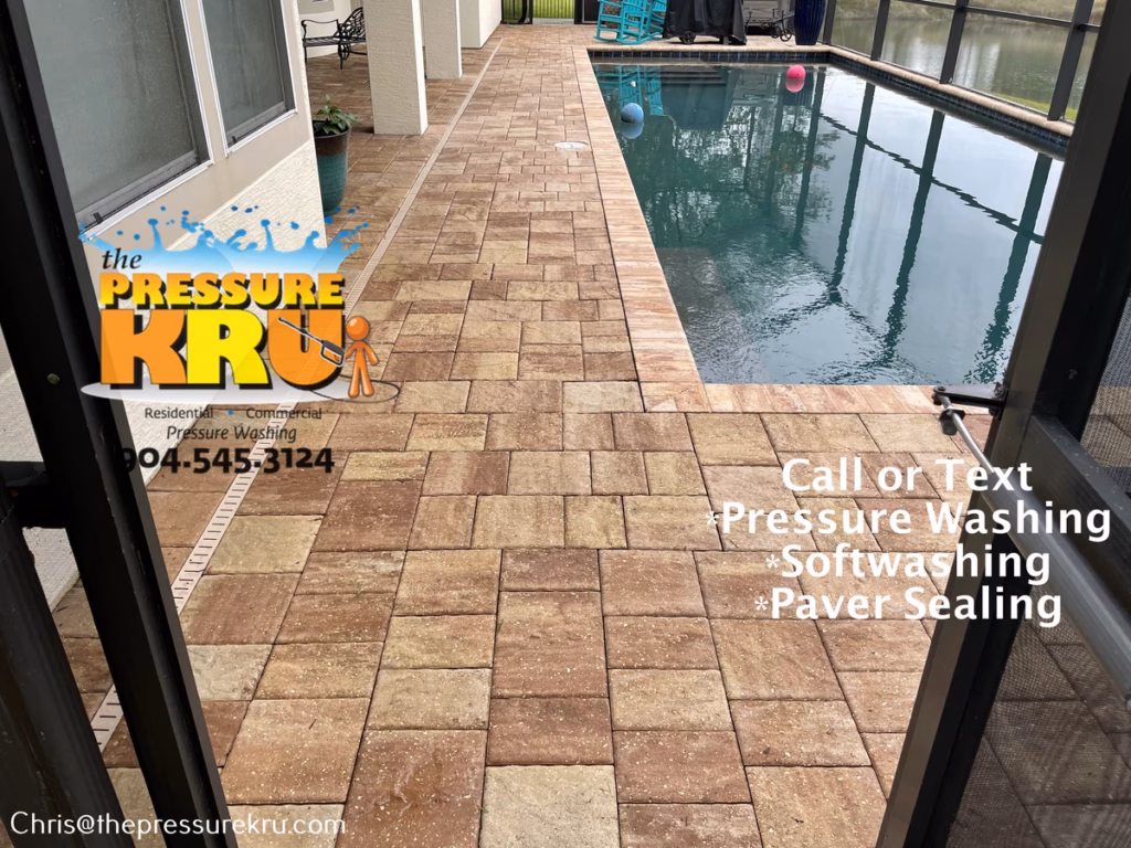 Pool deck pressure washing restored in Julington Creek Plantation after.