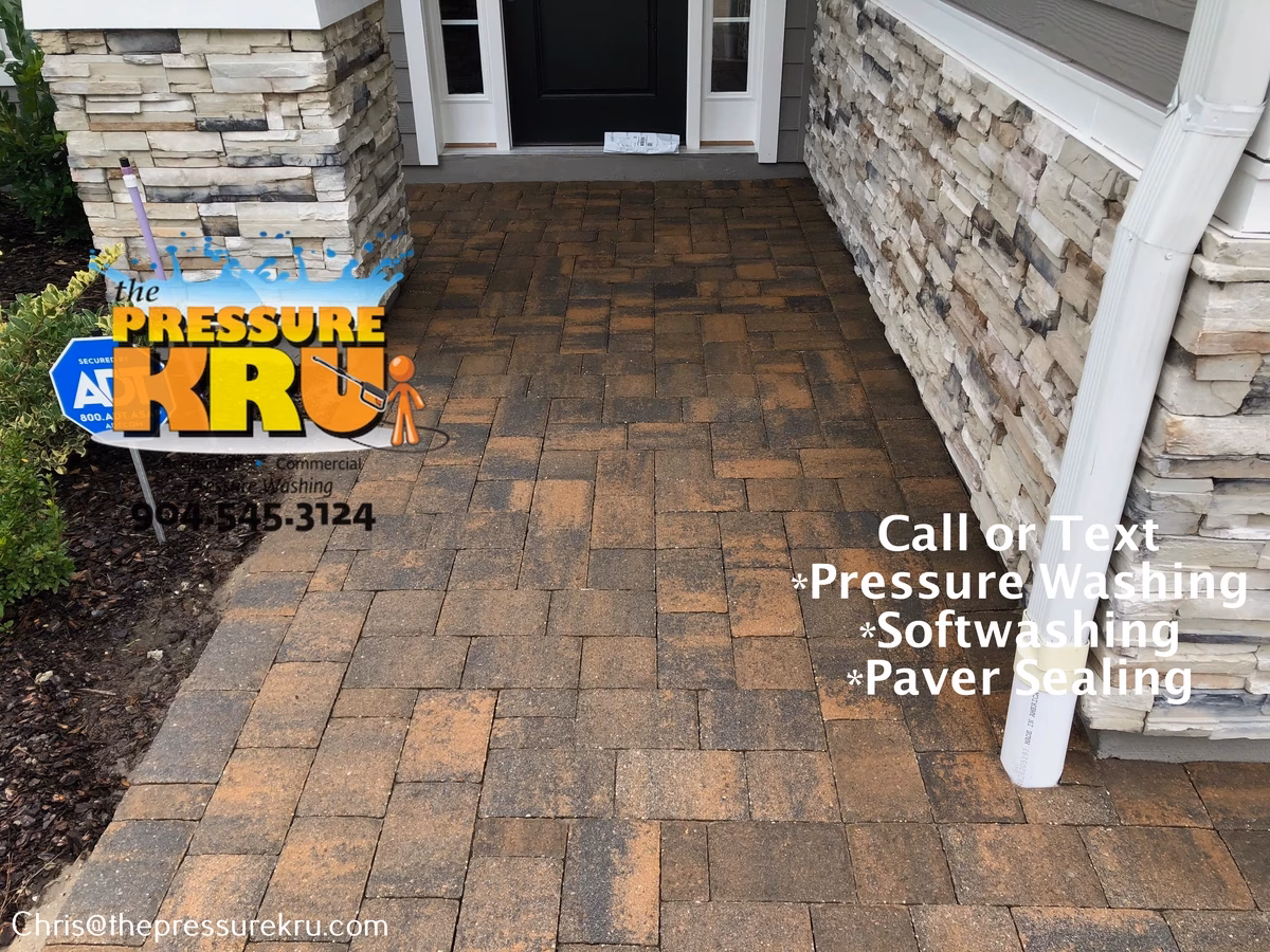 Black mold and dirt on paver driveway after pressure washing in Oxford Estates.