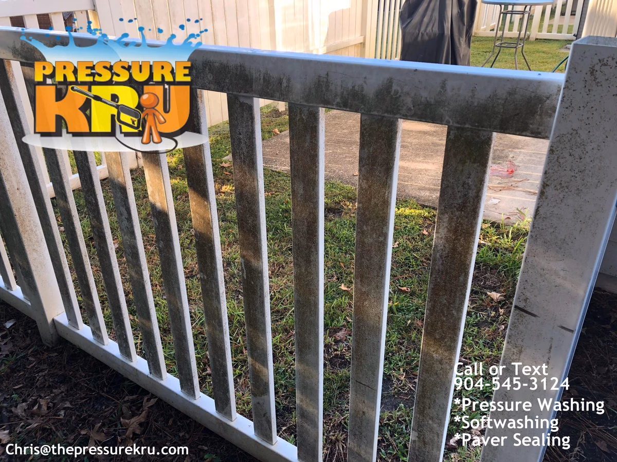 Vinyl fence cleaning in Dubin Crossing before low-pressure softwashing. Fence was covered in mold and algae