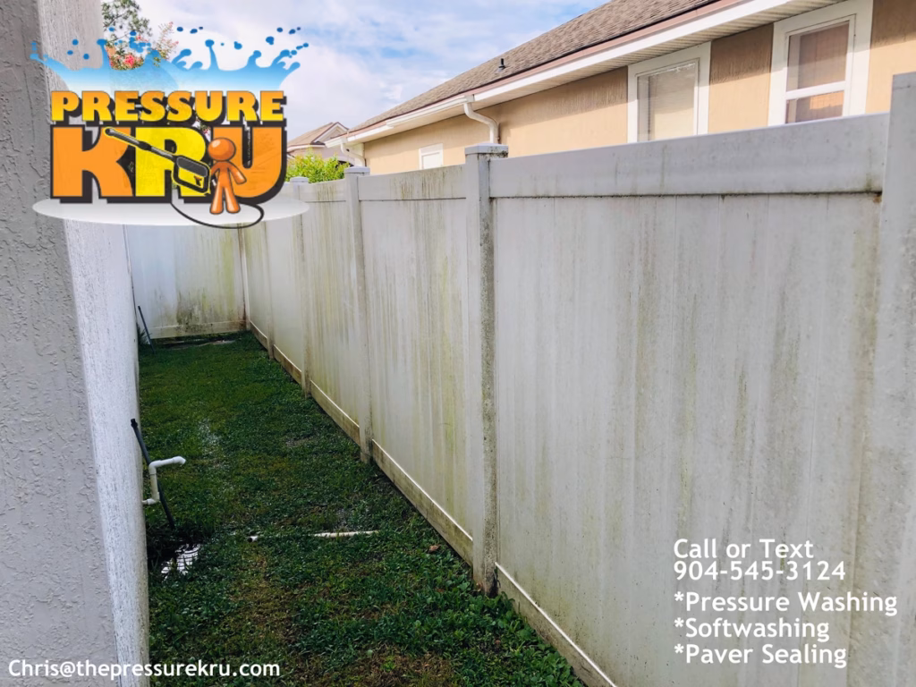Vinyl fence before softwashing in Celestina showing green and black mold