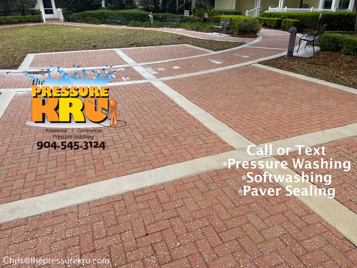 Paver patio pressure washing after cleaning in St. Augustine, FL.